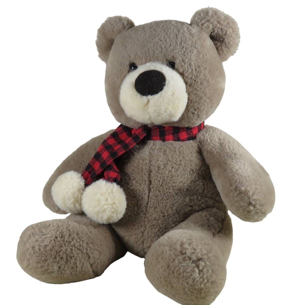 Aurora Plush Teddy Bear with Checkered Scarf - Soft, Cuddly, Classic Toy